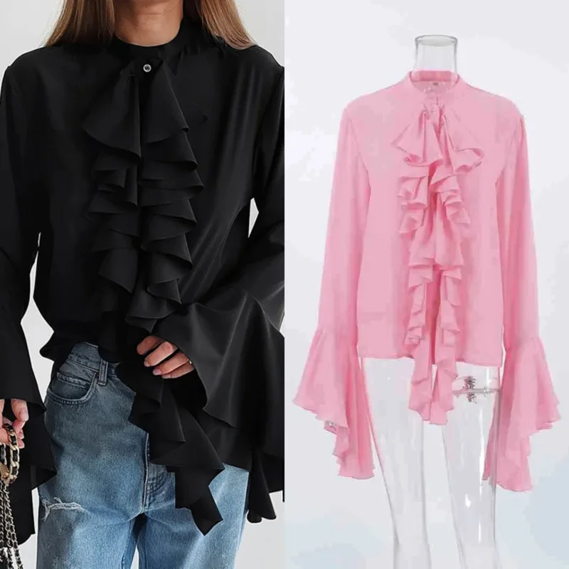 

Elegant Women Chiffon Shirt Fashion O-Neck Ruffled Trumpet Sleeve Long Sleeve Single-Breasted Loose Casual Top Autumn Outerwear
