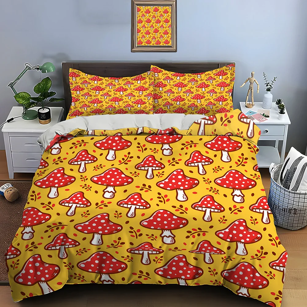 Red mushrooms on yellow background Bedding Set for Kids Luxury Gift 3pcs Digital Print Comforter Set Soft Comfortable Breathable