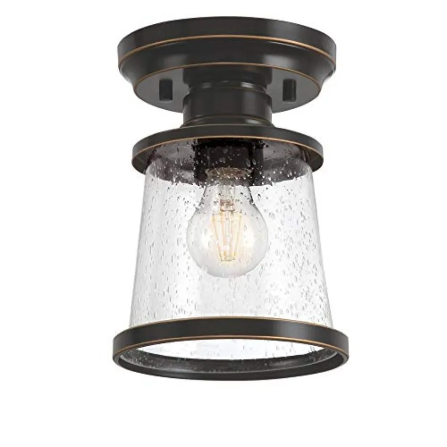 

6113000 Emma Jane 7 Inch Vintage-Style One-Light Outdoor Semi Flush Mount Ceiling Light Amber Bronze Finish Clear Seeded Glass