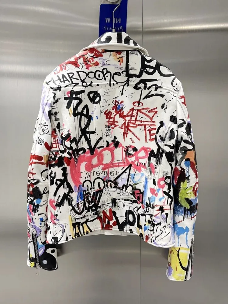 Blouson de Moto en Cuir group pour Femme, Streetwear, Fermeture Éclair, Ajustement Ville, Motif Graffiti, Hip Hop, Manteau en Peau de Mouton Personnalisé, 20 Jours