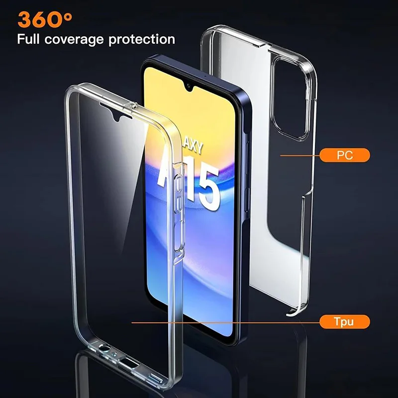 360° Clear Full Body Phone Case For Samsung Galaxy A15 A14 A13 A12 A05S A04S A55 A54 A53 A52 5G A35 A34 A33 A32 PC+TPU Cover