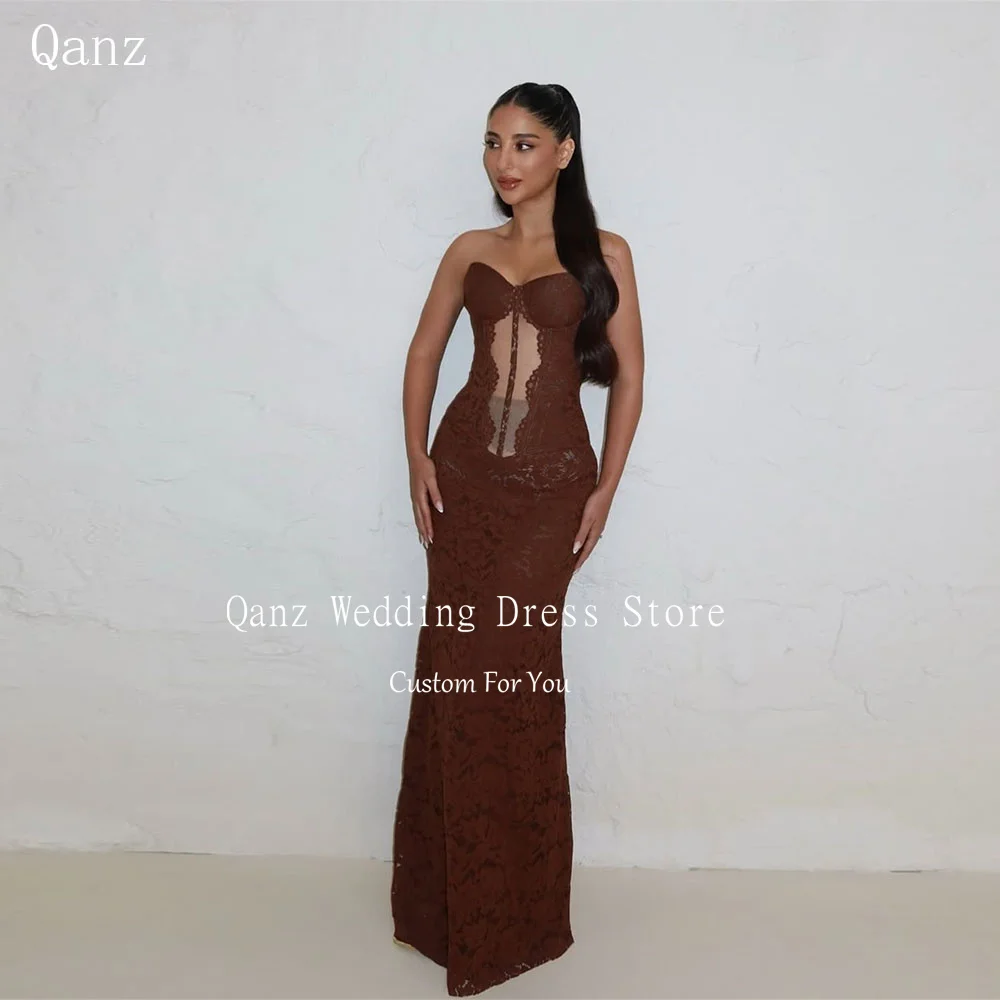 Sukienki na bal maturalny Qanz Brown Chic Lace, damskie, syrenka, dekolt w serduszko, gorset z tyłu, suknie wieczorowe, bez rękawów, Vestidos De Festa, szyte na miarę