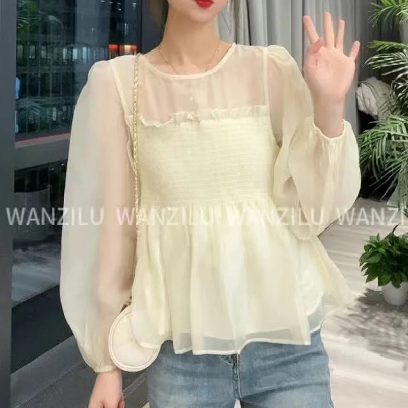 Women Korean Style Ruffle Sweet Chic Slim Blouses Summer Trend Solid Long Sleeve Thin Shirts Casual Round Neck Tops Blusa Mujer