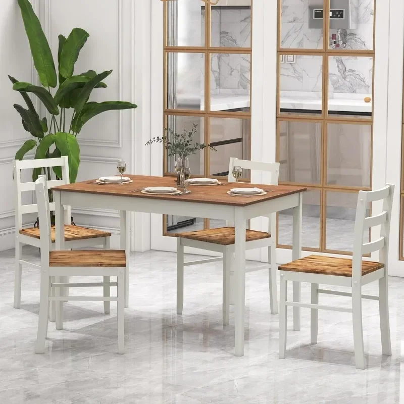 Dining Table Set for 4, Solid Wood Rectangular Table & 4 Chairs, 5 Pieces Farmhouse Dinette Set w/Rubber Wood Legs