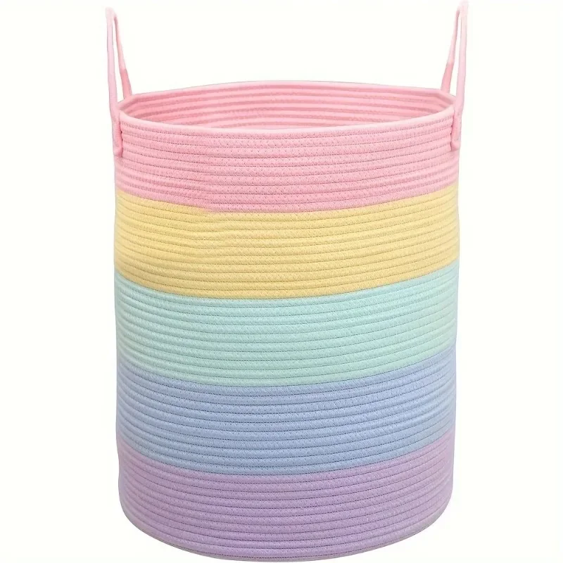 Large Rainbow Striped Storage Basket with Handles - Cotton Rope Woven Toy Organizer for Kids Room Nursery Basket Box