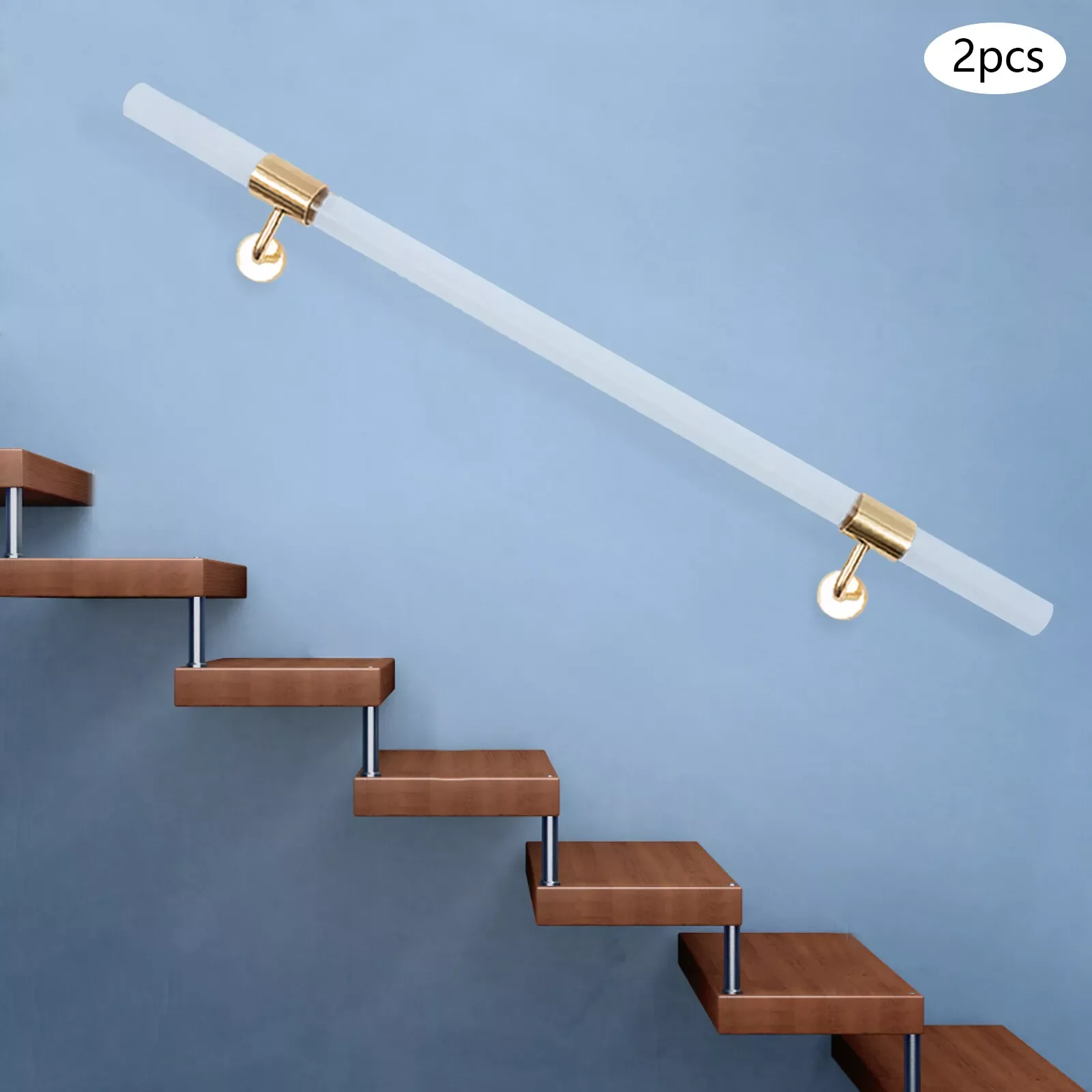 Pair Acrylic Handrail for Indoor Stairs Wall Mount Railing with Golden Bracket, Railing Staircase w/ Mounting