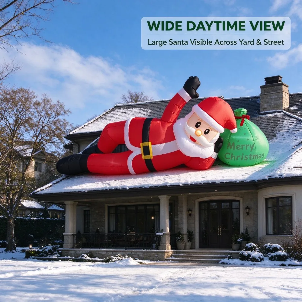 8FT Giant Lying Inflatable Santa Claus with Gift Bag, Built-in LED Lights for Christmas Outdoor Decoration Lawn Party Display
