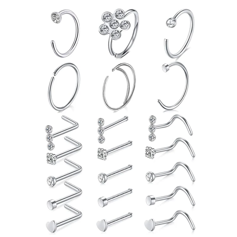 21pcs/lot 20G Stainless Steel Nose Ring  Stud Set  Heart Crystal Nose Piercing Screw L Shape Nostril Hoop Nose Body Jewelry