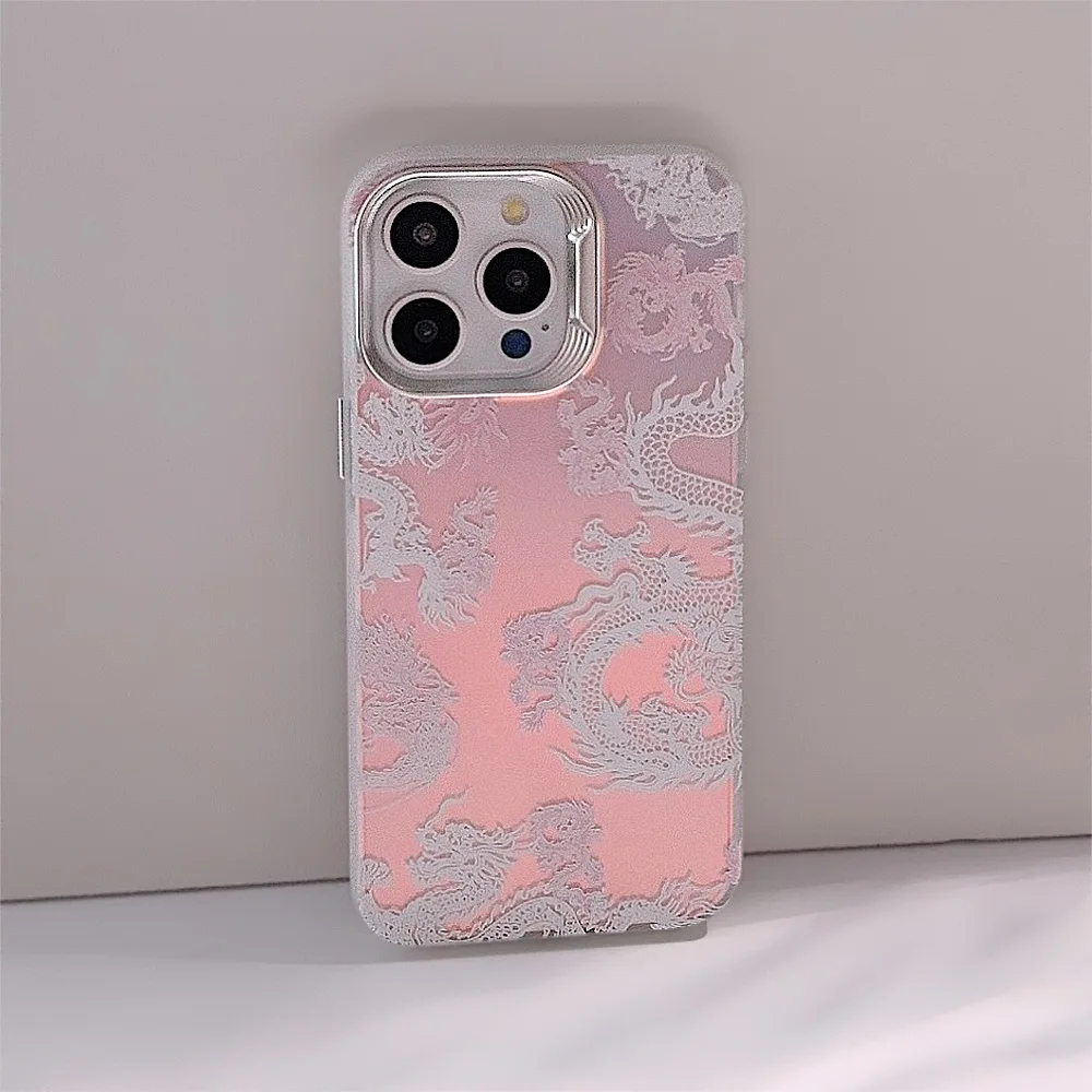 2024 Pink Dragon Pattern Matte Laser Gradient Phone Case For iPhone 15 14 13 12 11 Pro MAX duricrust Shockproof Cover