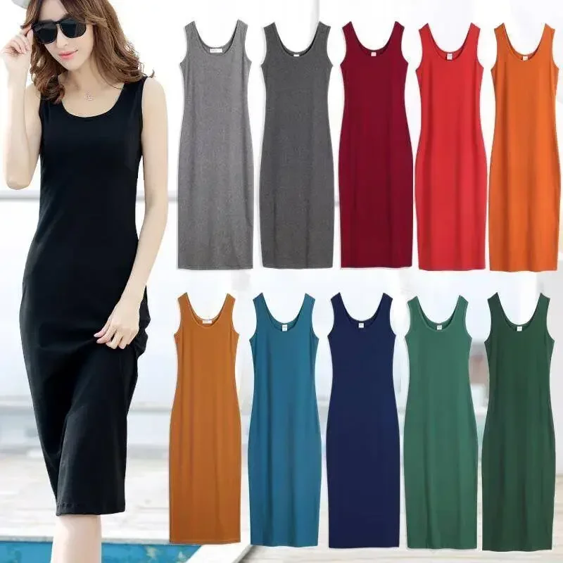 

Y2K Tanks Midi Dress Women Basic Camis Skinny Korean Summer Prom Party Vintage Sexy Solid Dresses Woman Clothes