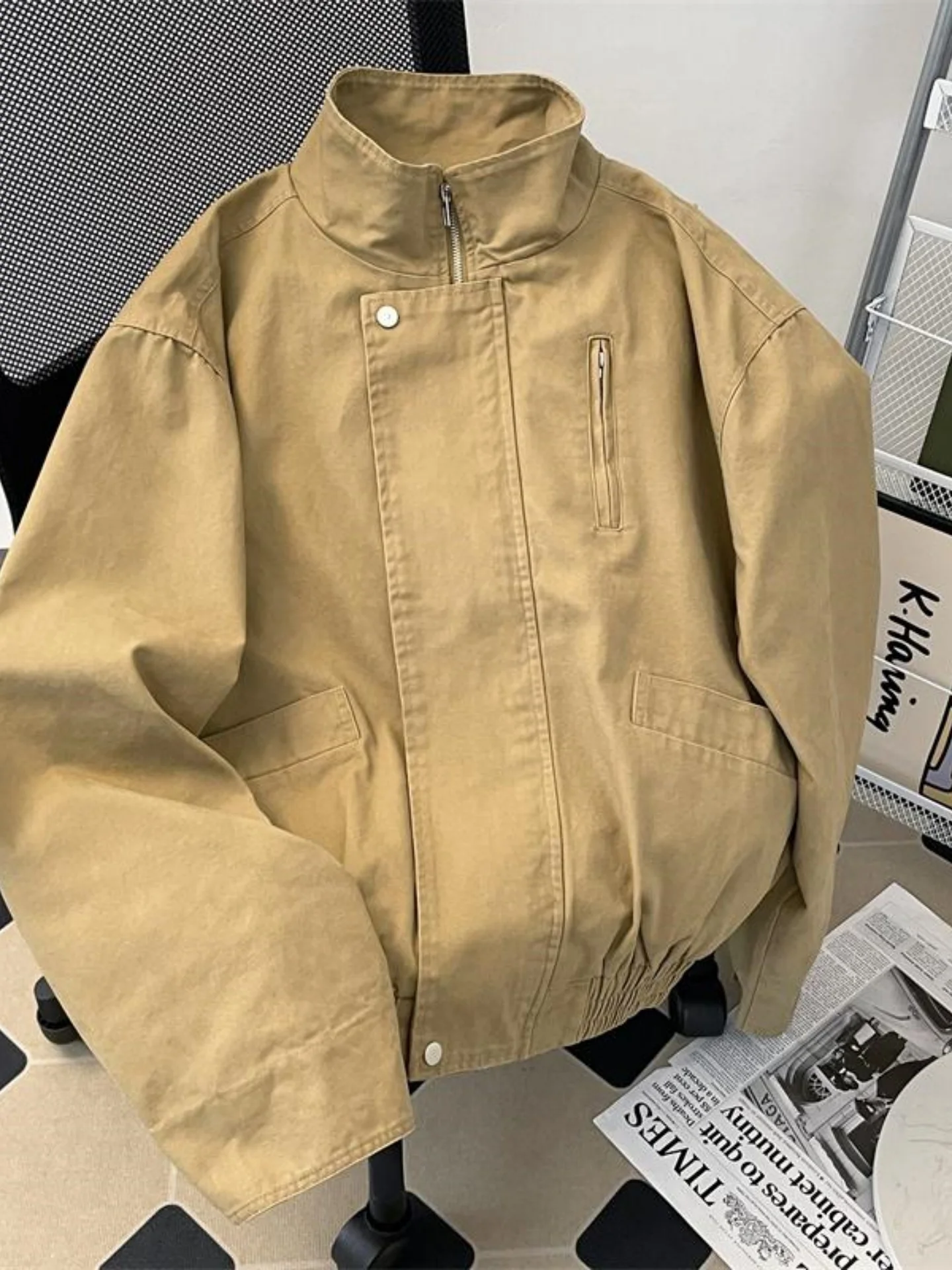 American Retro Khaki Workwear Jacket Men's Stand Collar Multi-Pocket Boxy Barn Loose Flight Coat Trendy Summer Youth Casual
