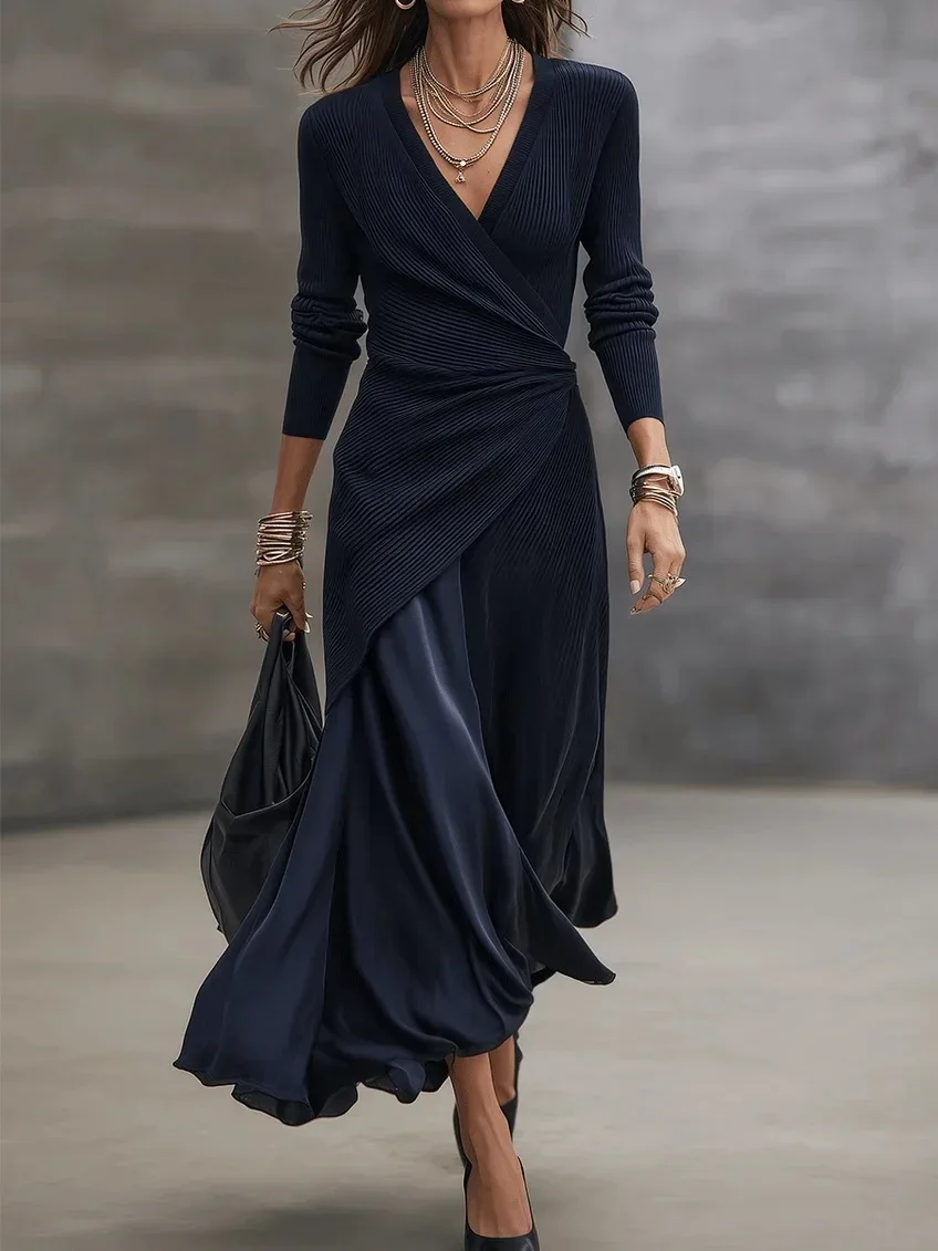 2026 New Women's Autumn And Winter Dress V-neck Fashionable Solid Color Elegant Temperament Retro Versatile Daily Niche Vestidos