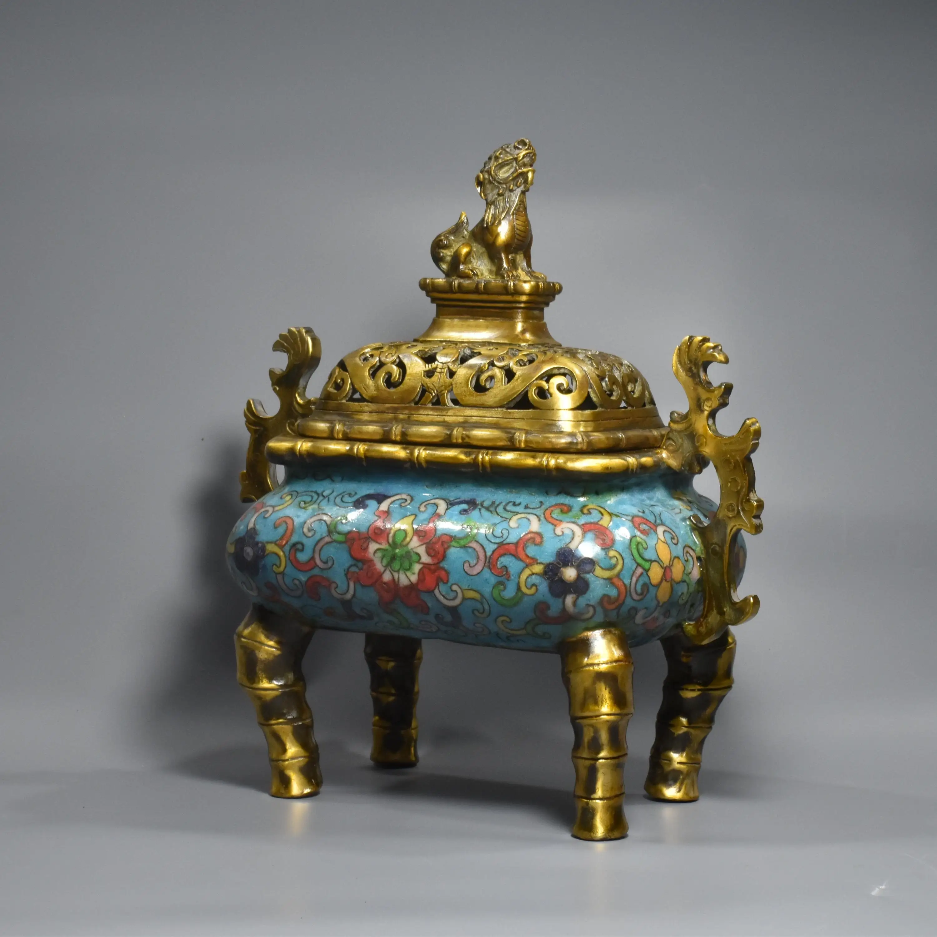 Early collection of pure copper cloisonné incense burner in a rectangular bamboo section shape, finely crafted, conFree shipping
