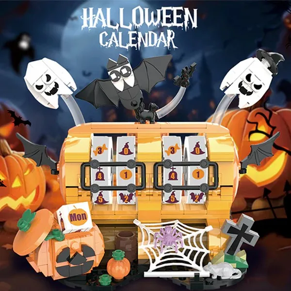 

420pcs Halloween Pumpkin Modular Building Block Calendar Toy Phone Holder Stand Creative Display Model DIY Toys Xmas Gifts