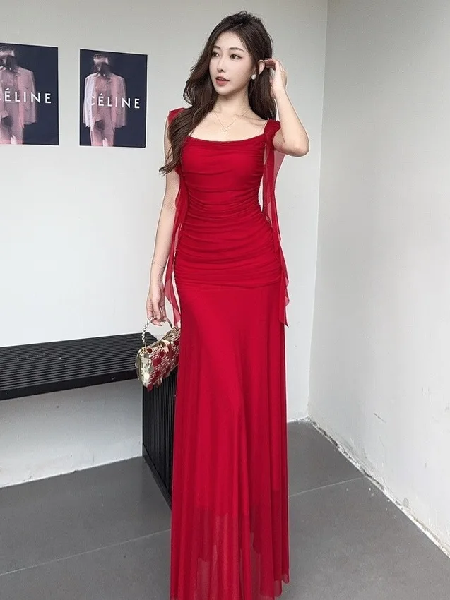 Sexy Low Cut Lace Trim Splice Strap Dress Hot Girl Pure Desire Slimming Bodycon Long Skirt High Waist A-Line Skirt H-Shape