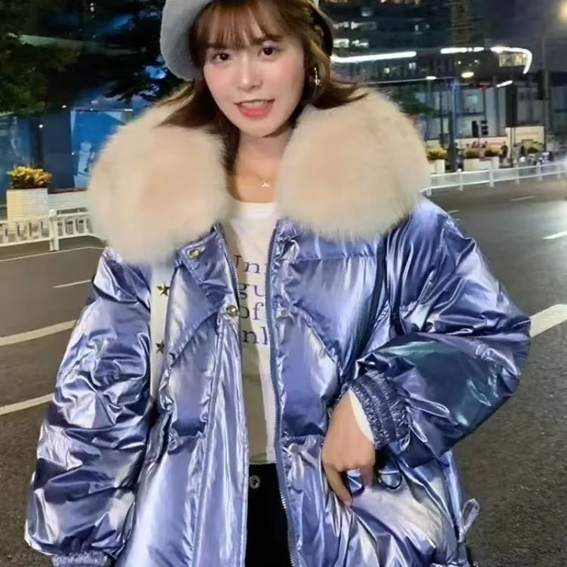 Winter Shorts Keep Warm Down Jacket Glossy Big Fur Collar Thickened Jacket  New Duck Down Fashionable Sweet Fresh Coat Loose
