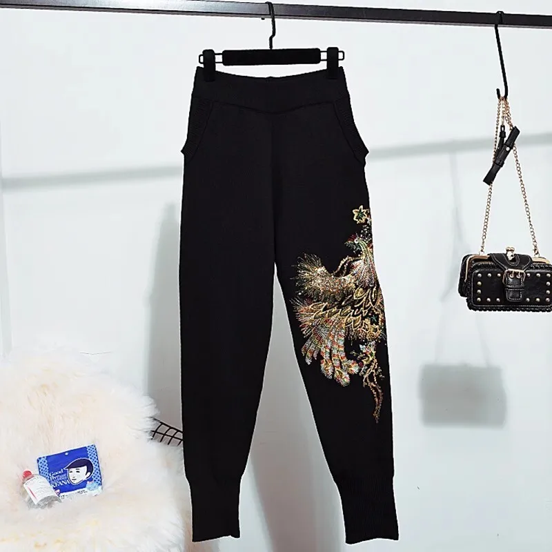 Beading Phoenix Embroidery Knitted Tracksuits Women Black Outfits 2pc Loose Long Sleeve Pullover Sweater Pencil Pants Set Female