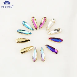 PEESOM New Shape 20pcs 4x15mm Teardrop Colorful Sew on Glass Teardrop Rhinestone Gold Sharp Drop Crystal Sewing DIY Accessories