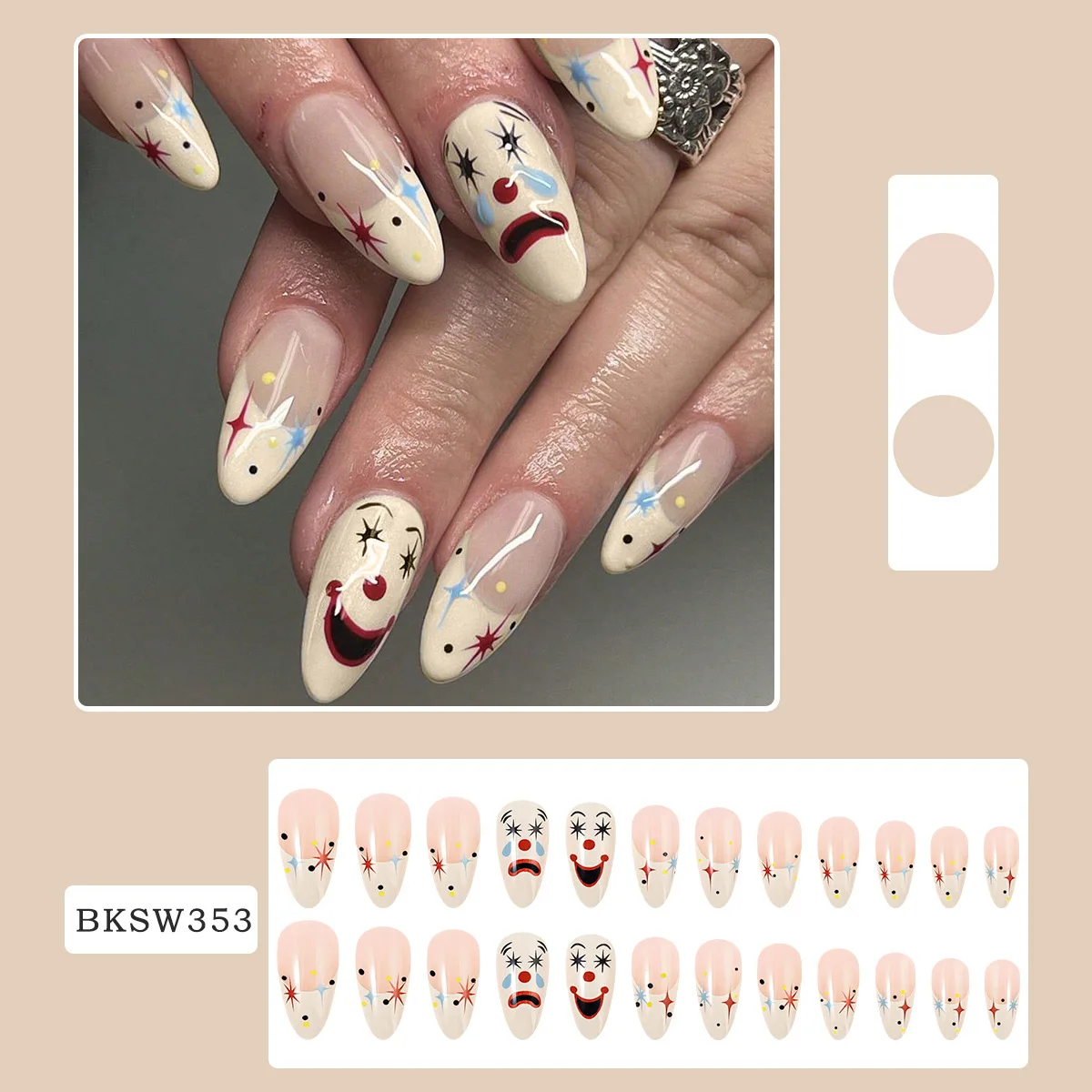 French Tip Press on Nails Medium Almond Fake Nails with Cute Emoji Design False Nails Accessories Acrylic Nails Glue on Nails