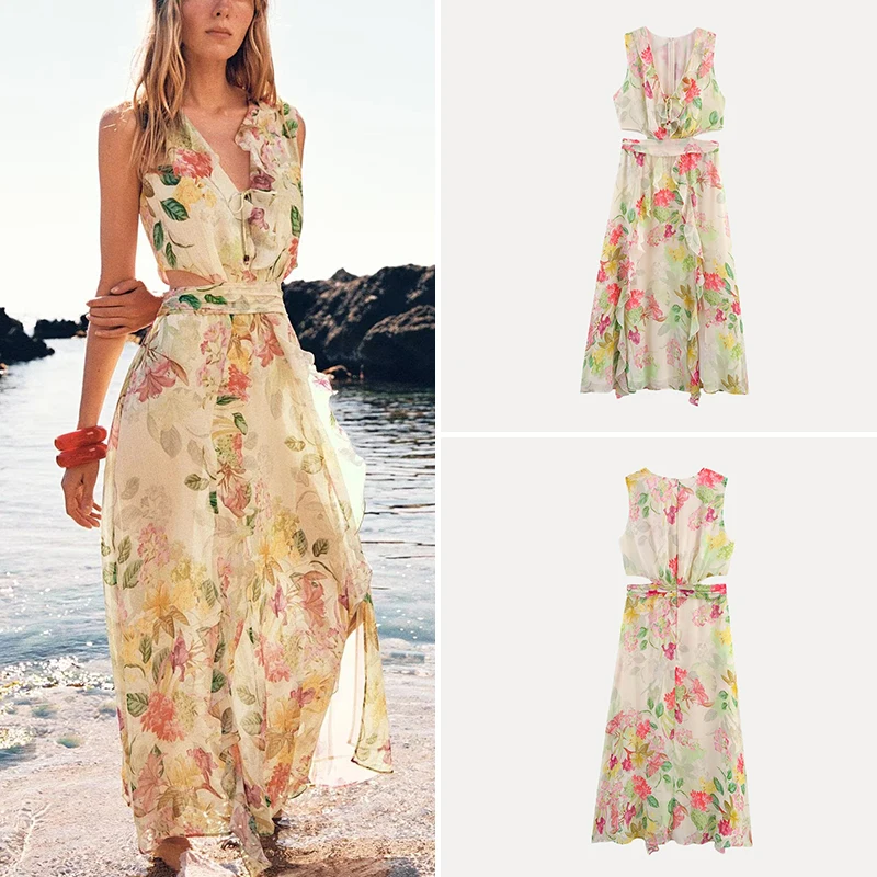 Summer 2025 Women's Floral Print Dr Open Design Polyester Fiber Single Piece Z Brand New Sle 499 Cabinet