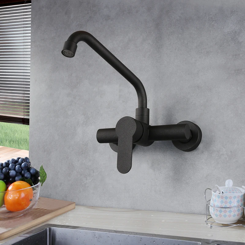 Modern Dual Hole Kitchen Sink Faucets Wall Mount Rotatable 360° Vessel Sink Faucet Single Handle Hot and Cold Mixer Taps Black