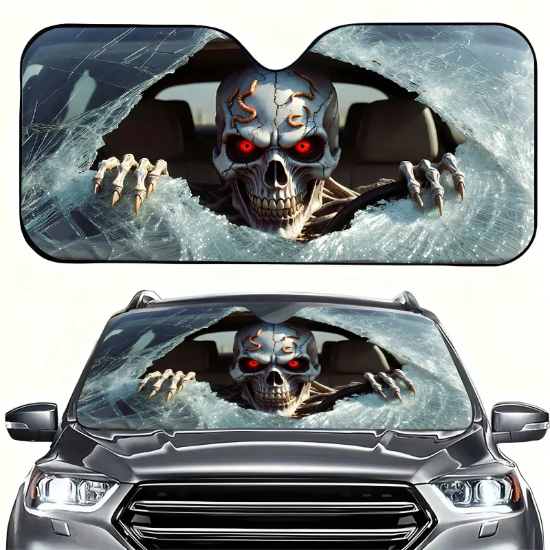 1pc Skull-Themed Car Sunshade, Foldable For Easy Storage, Effectively Prevents Temperature Rise. As A Windshield Sunshade, This