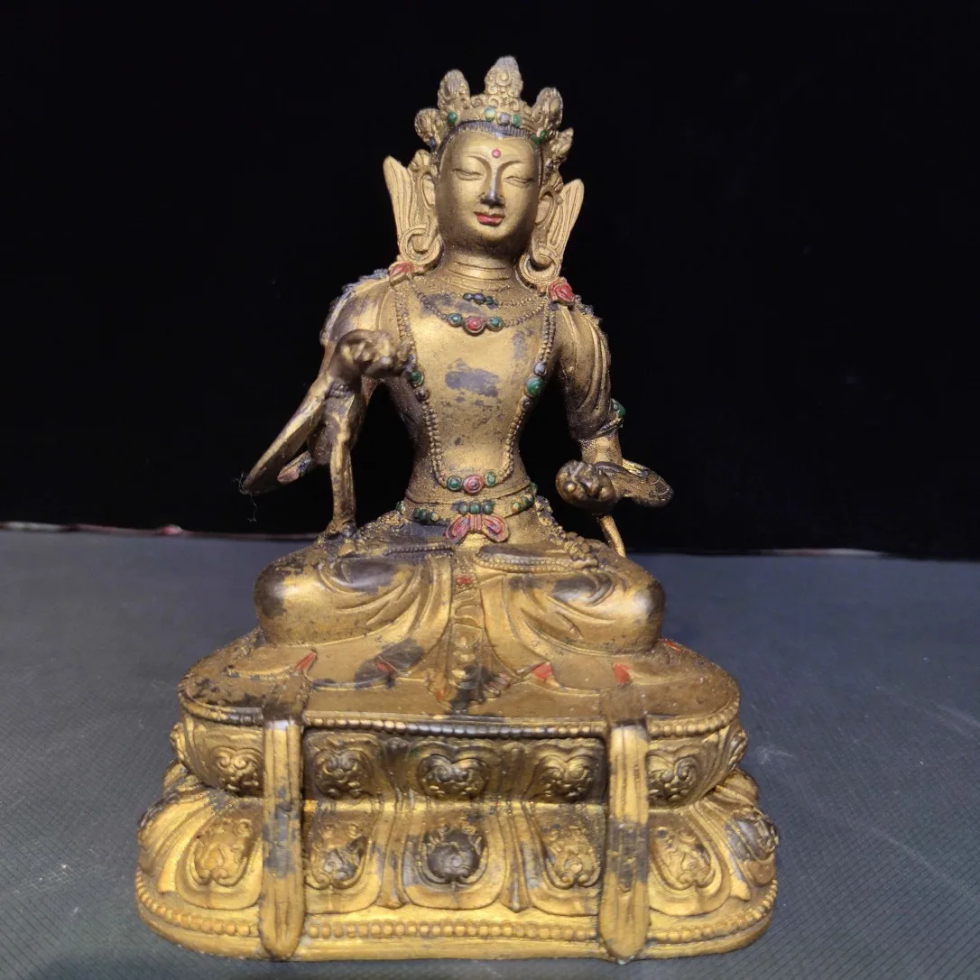 

17.5 CM Painted Bronze Gilded Buddha Statue temple worships Kaiguang Vajra Buddha On Double Lotus Pedestal