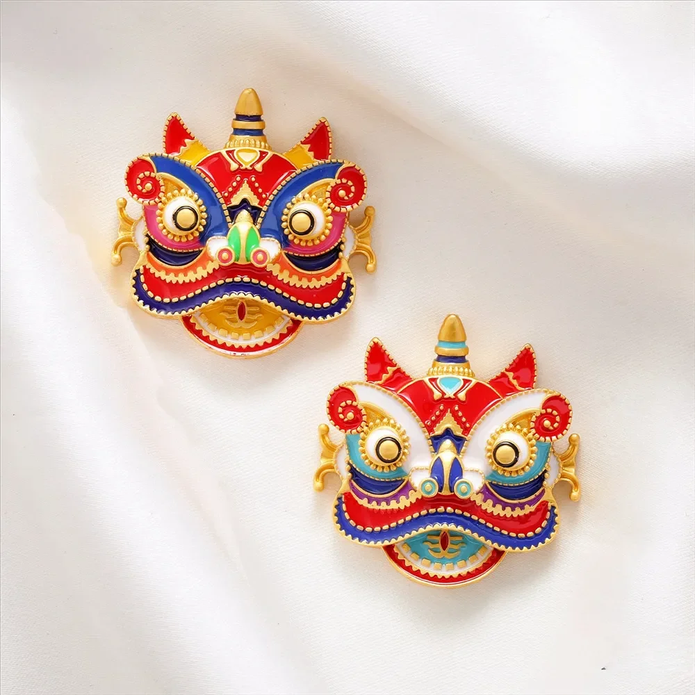 18K Gold Matte Gold Drip Oil Burning Blue Awakening Lion Head Lion Dance Pendant DIY Sweater Chain Woven Rope Pendant Pendant