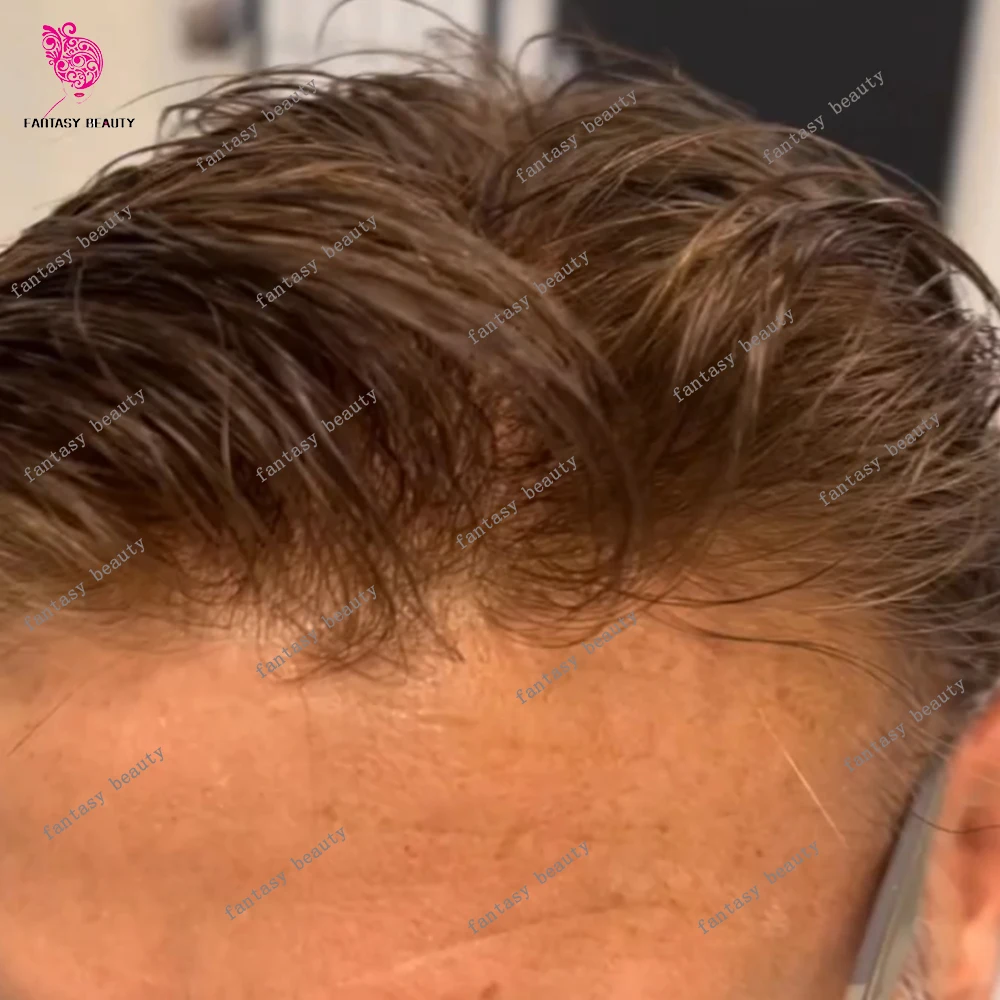 

Blonde Men Toupee Natural Hairline 80%Density 0.02mm Invisible Thin Skin HD Poly Full Vloop Grey #230 #1b40 Human Hair Prosthesi