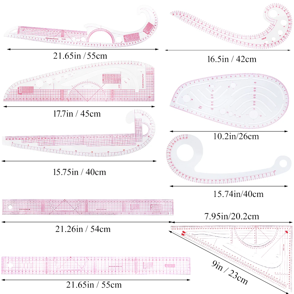 11Pcs Multifunctional French Curve Ruler Soft Plastic Patchwork Ruler Measure Dressmaking Drawing Template Craft Sewing Tools