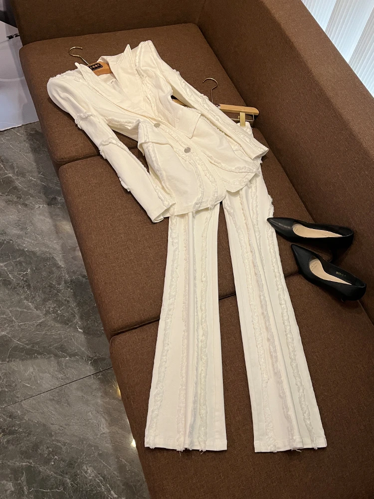 

Faionable Thiened Denim Jaet And Pants Set with Fringe Ele oulder Pads for Women Autumn Cotton Two-Piece Set