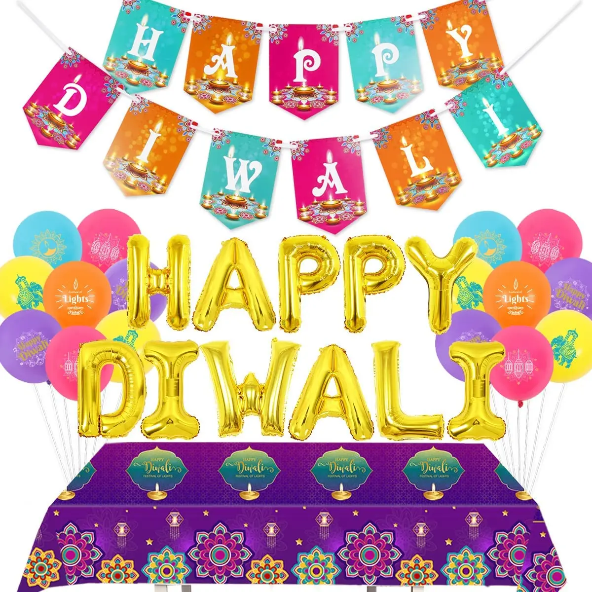 

Happy Diwali Party Decorations Set Indian Festival of Lights Banner Colorful Balloons Tablecloth Deepavali Hindu Party Supplies