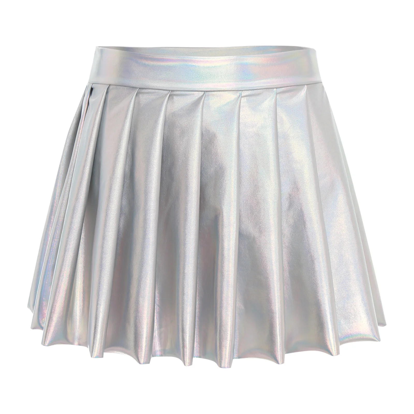 

Women Metallic Shiny Pleated Short Skirt High Waist Side Zipper Ruched Mini Skirt Fashion Skirt for Disco Dance Club Raves