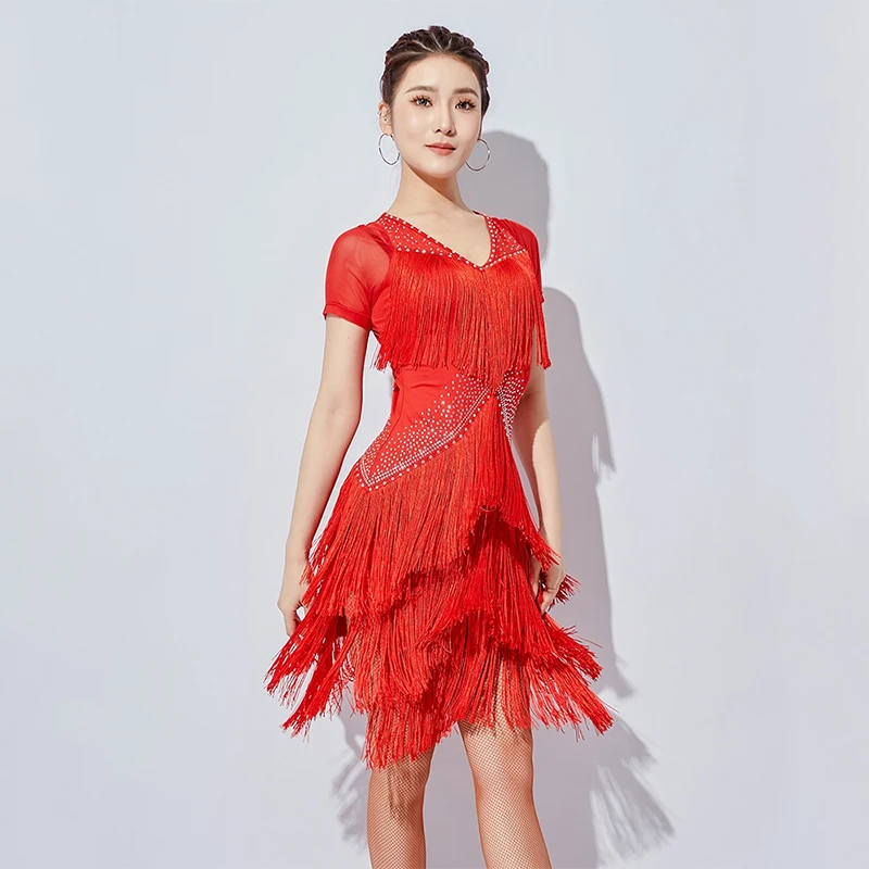 Zomer Fringe Latin Dans Jurk Vrouwen Samba Rumba Dans Outfit Zwarte Korte Mouw Jurken Volwassen Praktijk Dancewear Rood VDL4076