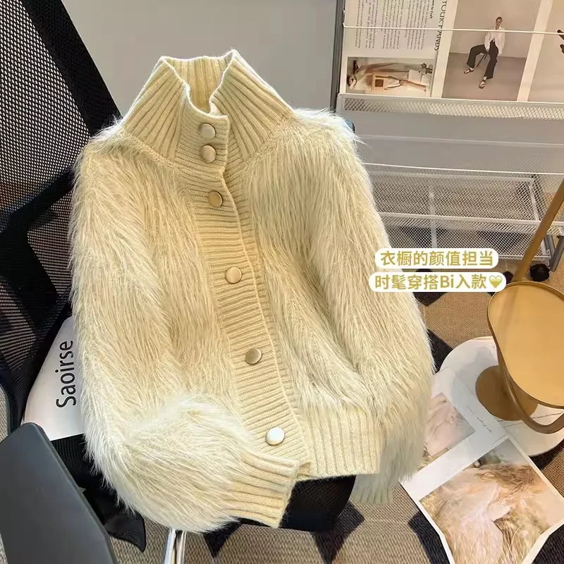 

Women's Sweater 2024 Spring Autumn New Style Lmitation Mink fur High Neck Sweater Jacket Women's lazy Style Knitted Cardigan top