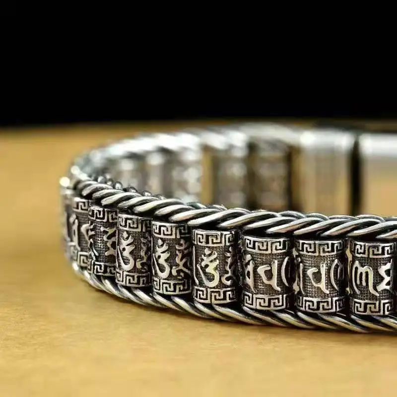 S925 Sterling Silver Handmade Passepartout Prayer Wheel Bracelet Men Transfer Beads Six-Character Mantra Luxurious Retro Bangle