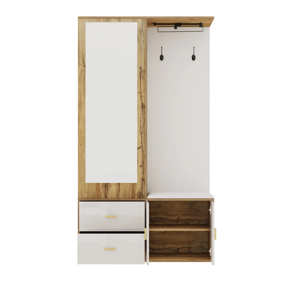 PINGGO Edles Garderoben-Set mit Spiegel, Schuhschrank, Schuhbank mit Haken, ausziehbarer Kleiderstange in Weiß und Holzfarben – Detail 16