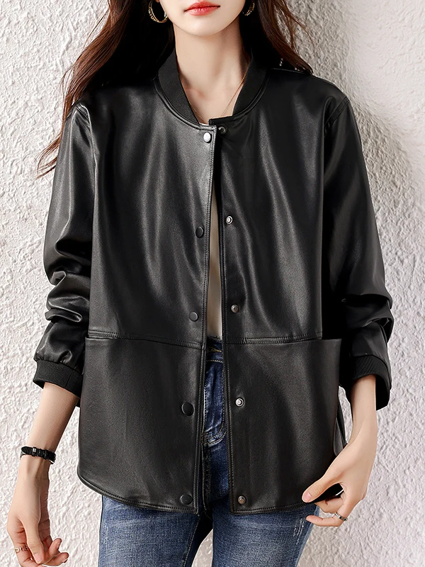 

Authentic Spring 2026 Lightweight High-Quality Leather Baseball Jacket Casual Loose Fit Long Sleeve Polyester Lined Coat