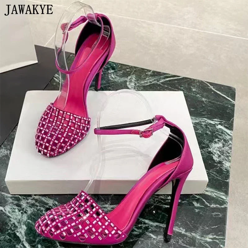 

Designer Brand Crystal High Heel Sandals Women Covered Toe Ankle Strap Thin High Heel Shoes Summer Party Wedding Shoes Women