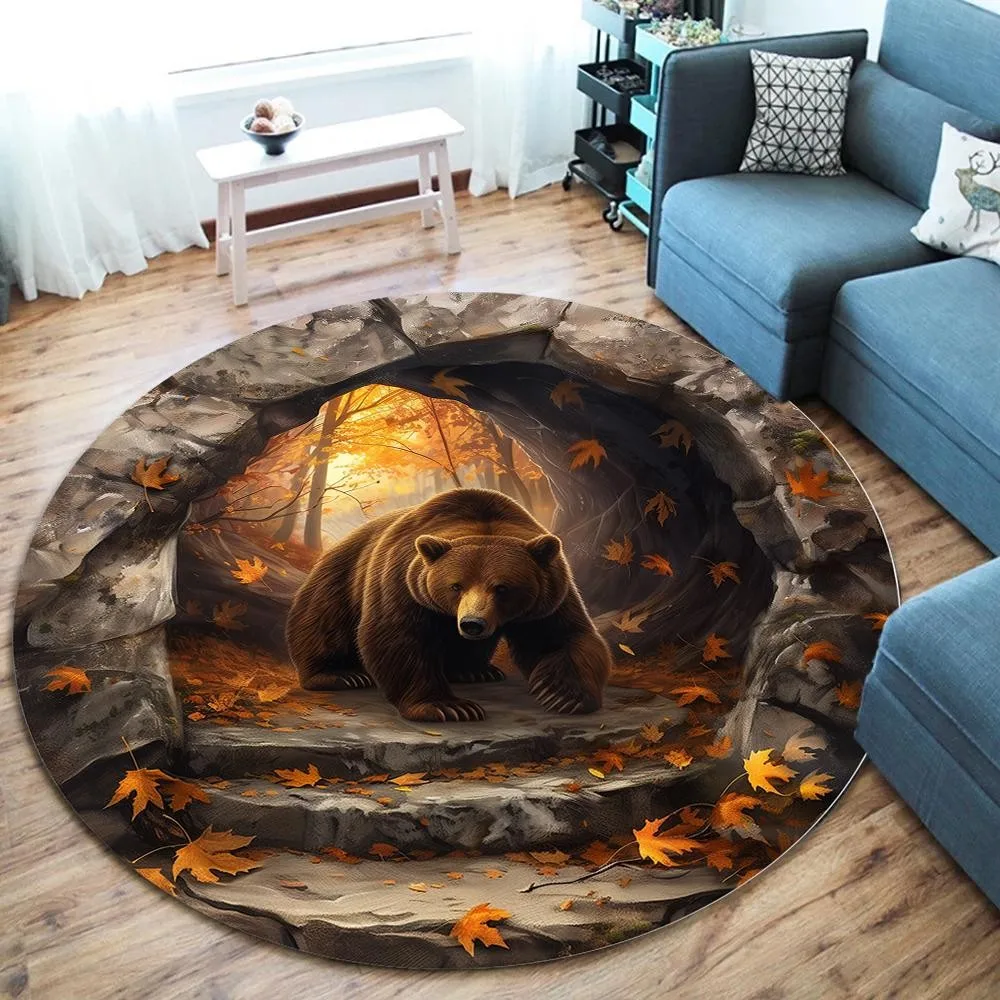 Brown Bear Cave Illusion Round Rug Living Room Bedroom Entrance Cloakroom Study Room Area Rug Home Decor 2D Print Mat