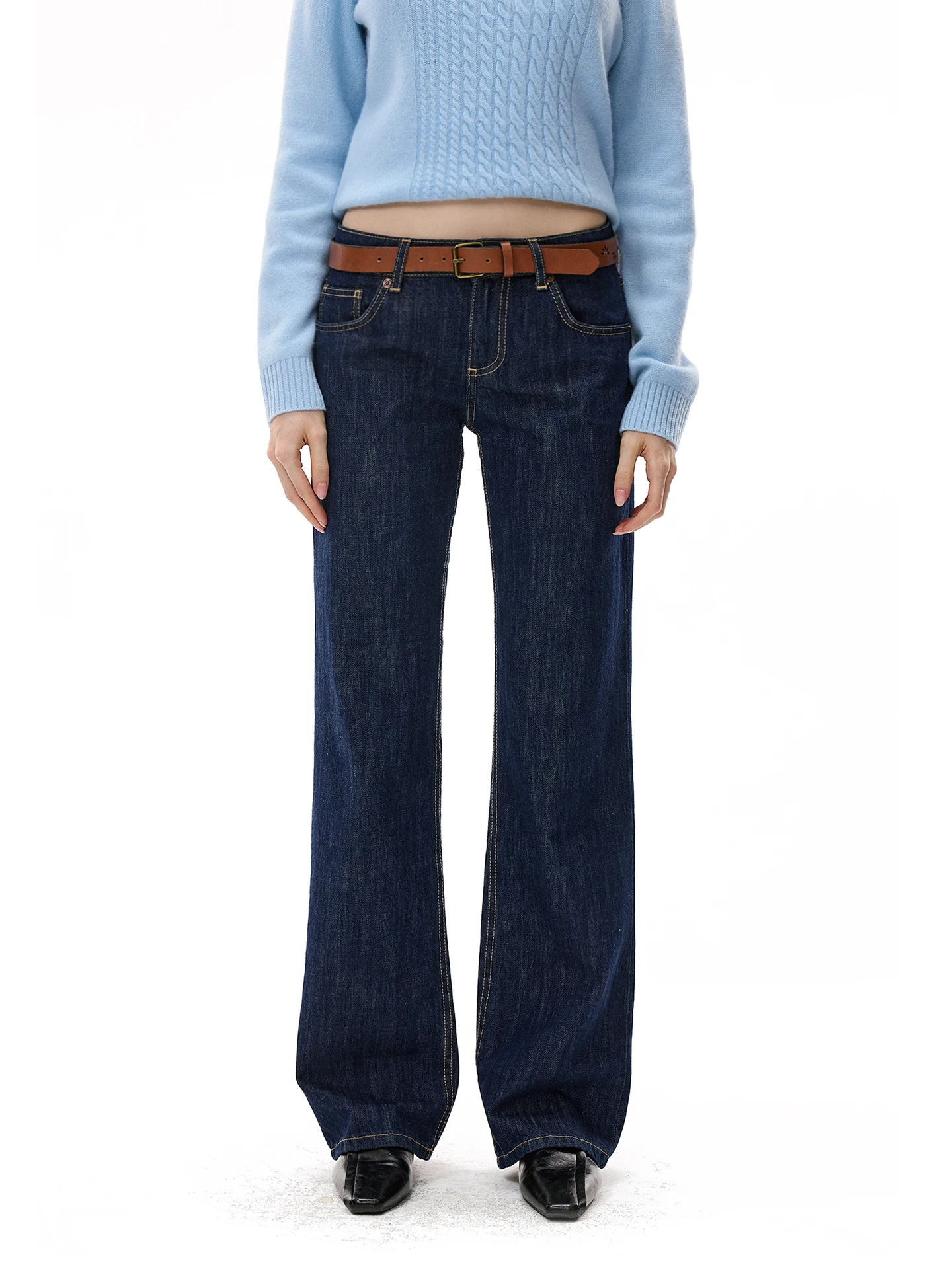 

Monroo Classic Versatile Original Blue Deep Blue mid Low Waist Straight Narrow Denim Jeans Women Spring Floor-Length Pants