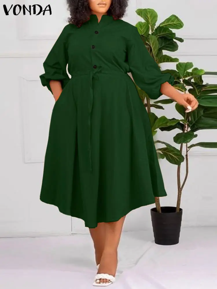 Plus Size VONDA 2024 Women Elegant Dress Autumn Long Lantern Sleeve Midi Sundress Loose Casual Button Party Vestidos