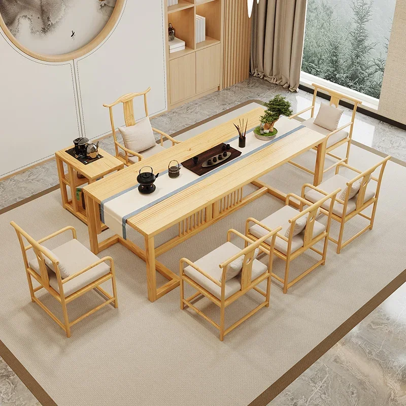 New Chinese-style solid wood tea and chair combination office home simple modern coffee table log color zen kung fu tea table
