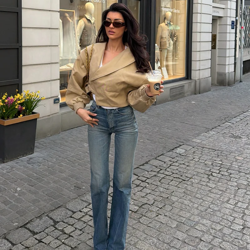 Elegant Khaki Cropped Trench Jacket Women Chic Notched Lapel Belted Puff Sleeve Casual Jacket Lady Spring High Street Outerwear