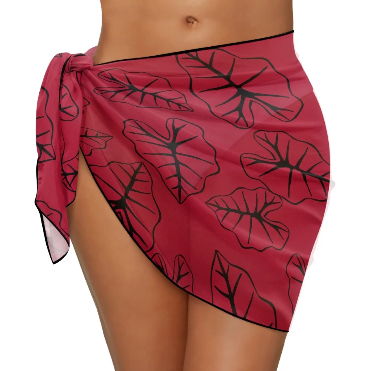 Summer Polynesian Islands Tribal Hawaiian Kalo Taro Leaves Red Print Chiffon Sarong Scarves Beachwear Ladies Cover up for Bikini