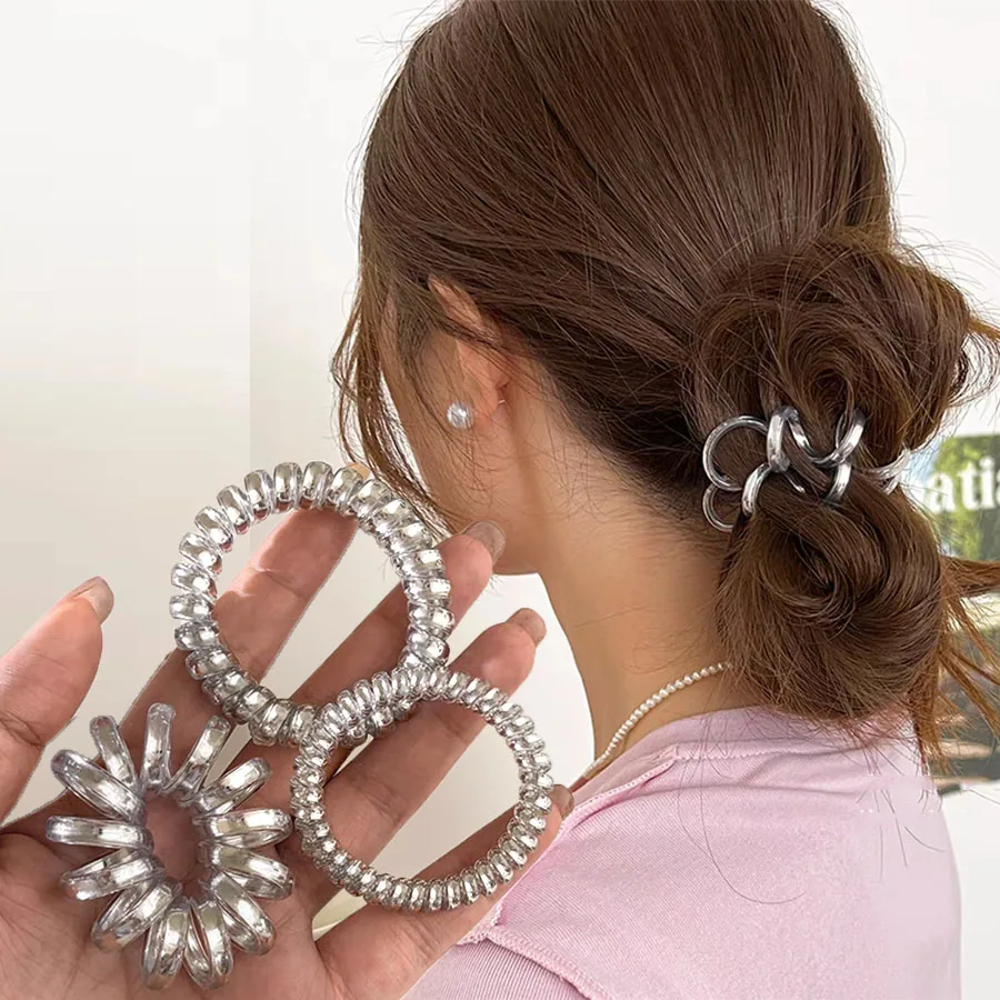 

5pc Hot European and American Silver Telephone Line Elastic Hair Bands for Women Girls Hair Ties Rope for Hair Accessories