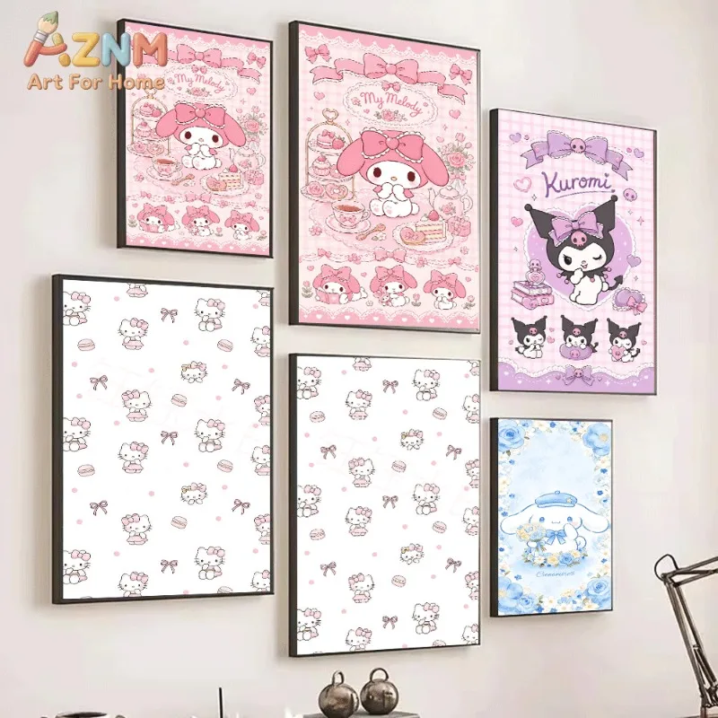 Sanrio My Melody Canvas Wall Art Unframed Print Tea Party Bow Cake Sweet Cartoon Poster for Bedroom Dorm Home Interior Wall Deco