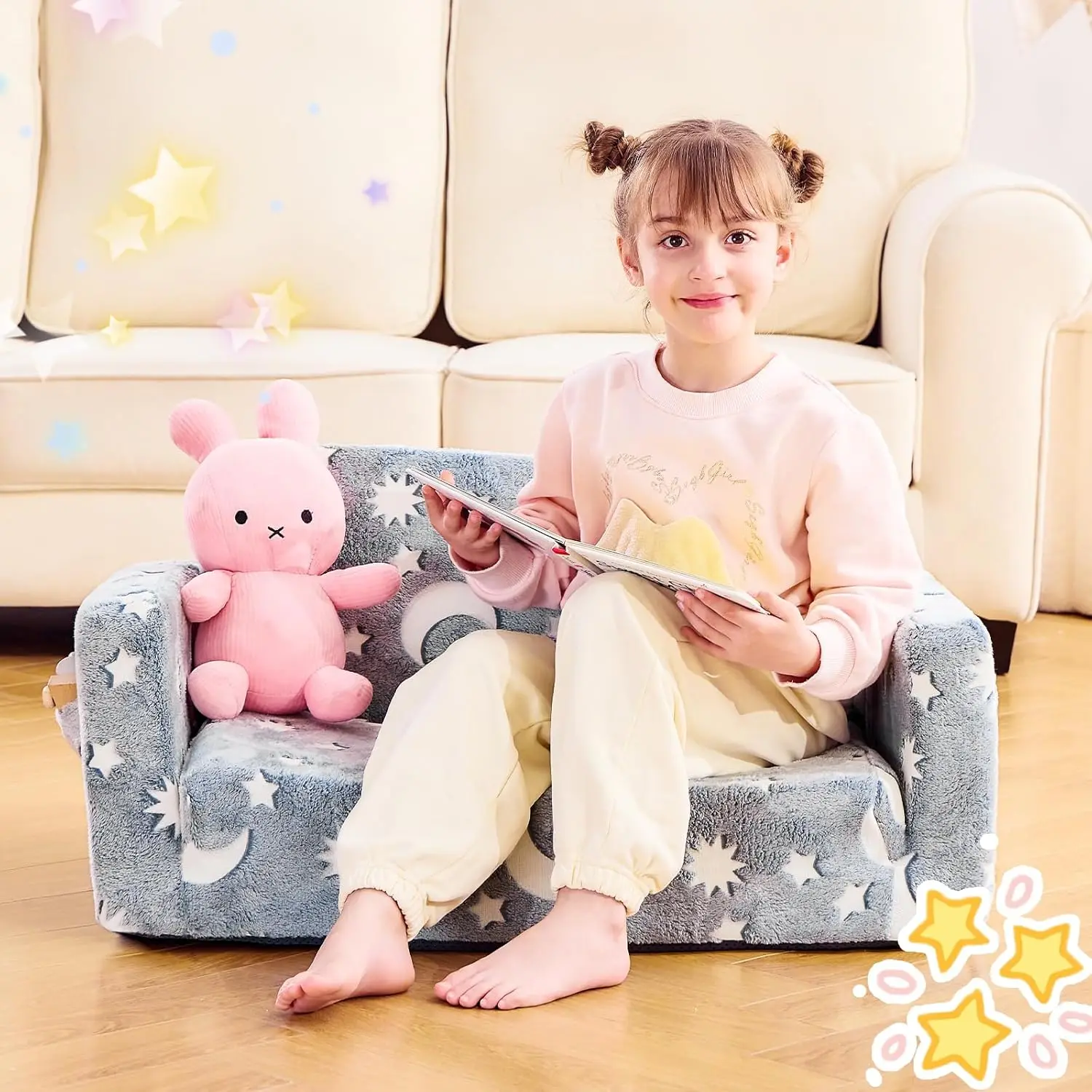 Kids Couch 2 in 1, Kids Sofa for Playroom-Extra Soft 2 Seats, Glow in The Dark Open Couch