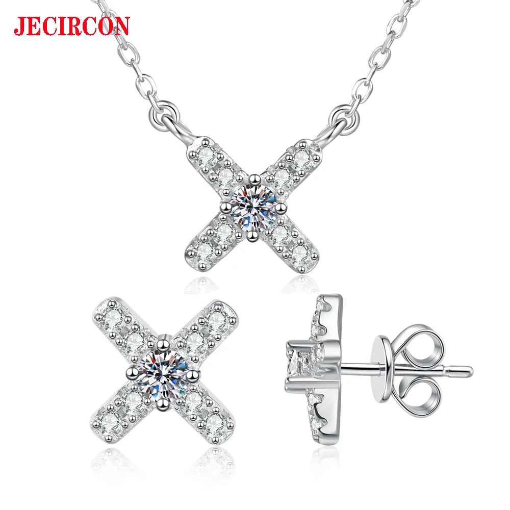 

JECIRCON S925 Комплект ювелирных изделий из муассанита из стерлингового серебра 0,1 карата X-образные серьги и кулон, нишевые аксессуары в японском и корейском стиле