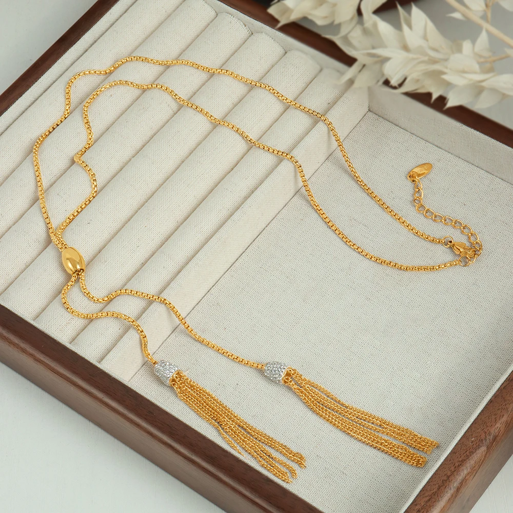 Golden Stainless Steel Necklace For Women Thin Box Chain Long Tassels Rhinestone Women  Collar Choker Waterproof Wedding Jewelry